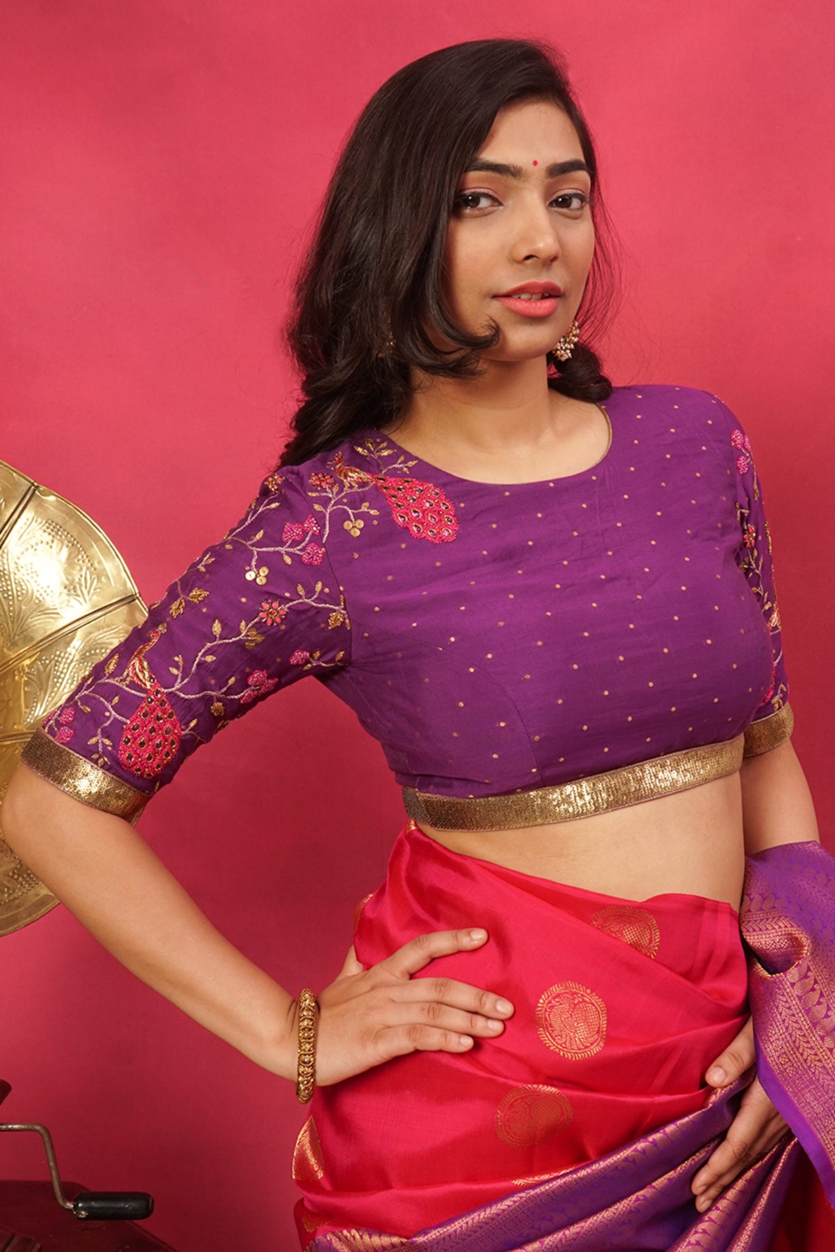 Rani pink hand embroidered pure silk blouse