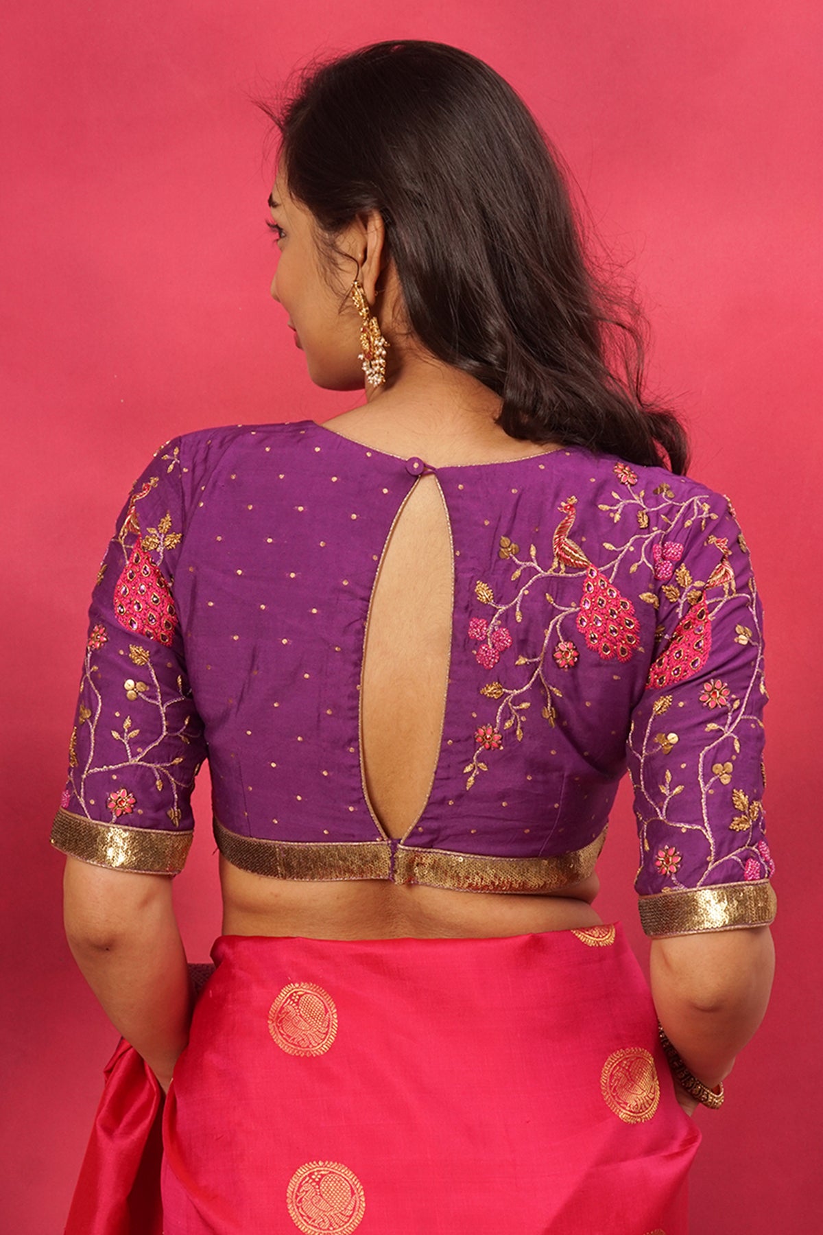 Rani pink hand embroidered pure silk blouse