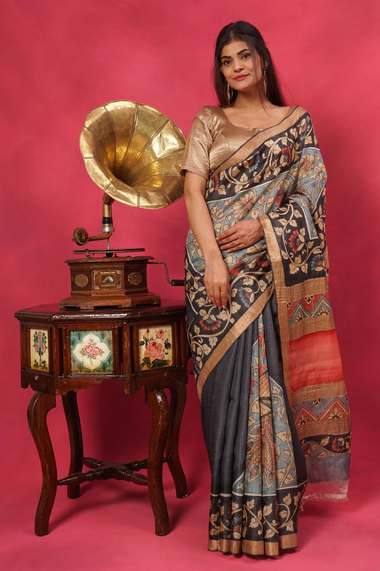 Gray and black tussar silk in hand painted floral with gold border.