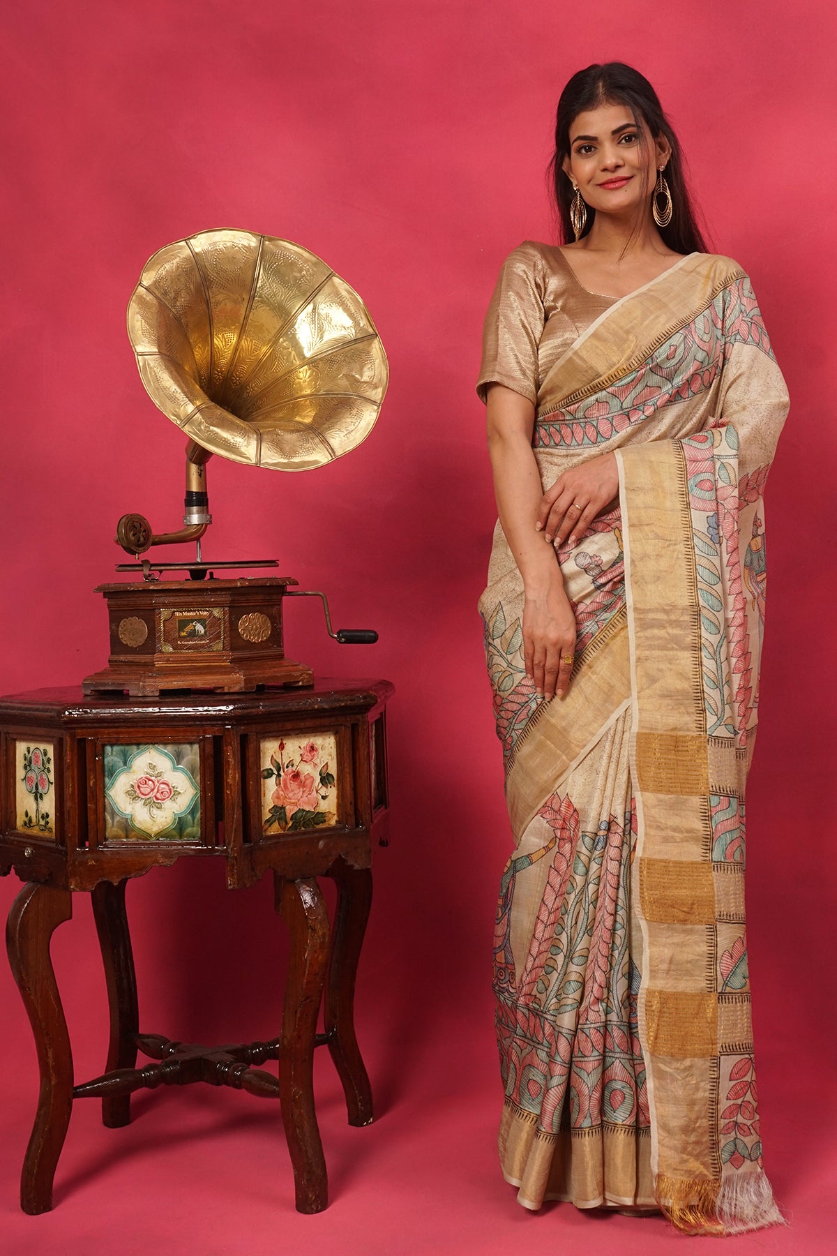 Light beige tussar silk saree with figurative hand painted saree