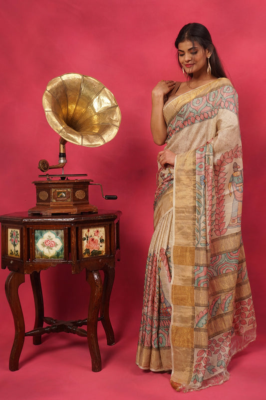 Light beige tussar silk saree with figurative hand painted saree