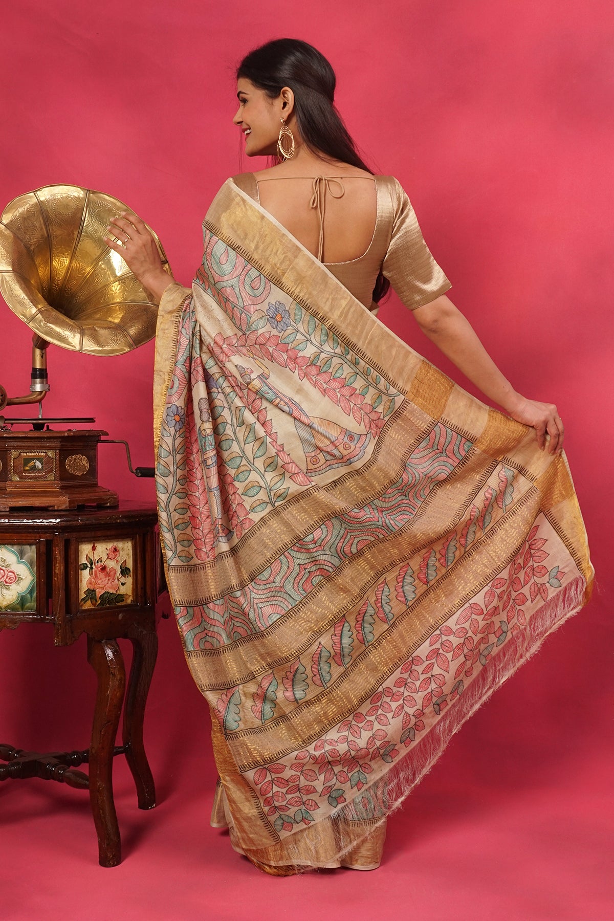 Light beige tussar silk saree with figurative hand painted saree