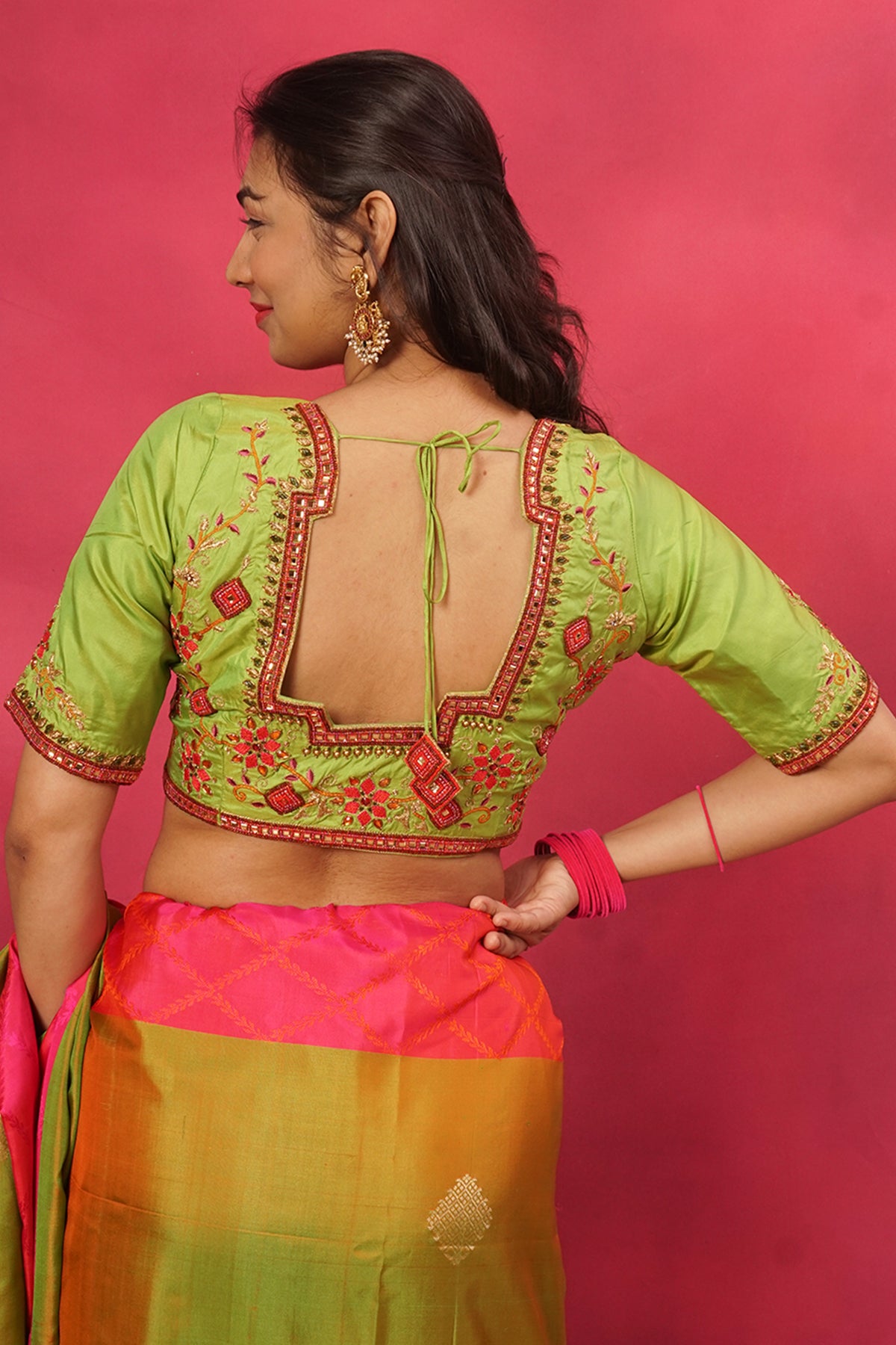 Parrot green hand embroidered silk blouse
