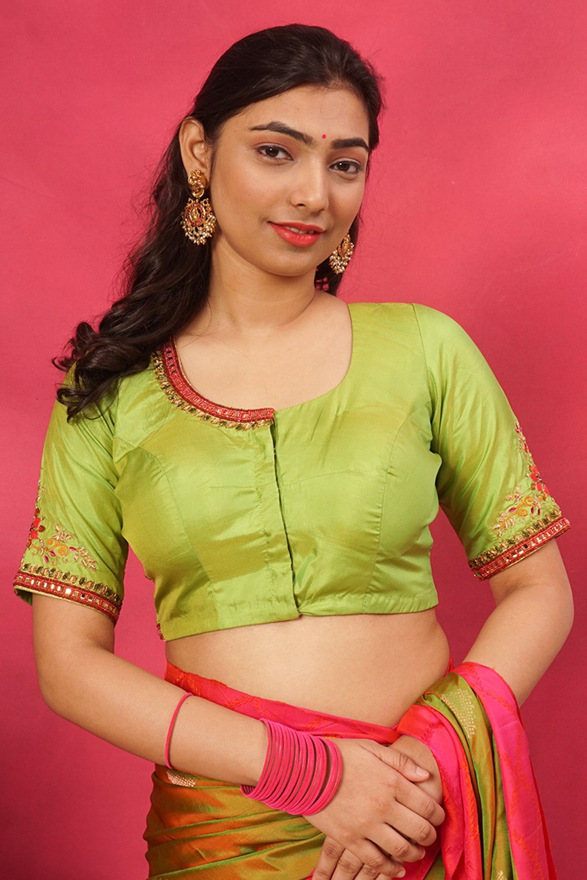 Parrot green hand embroidered silk blouse
