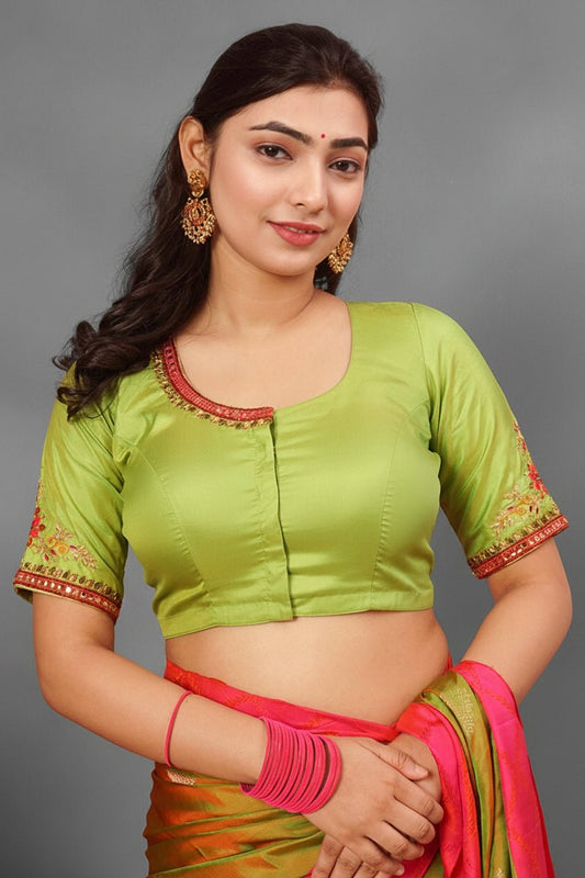 Parrot green silk hand embroidery designer blouse U fashion