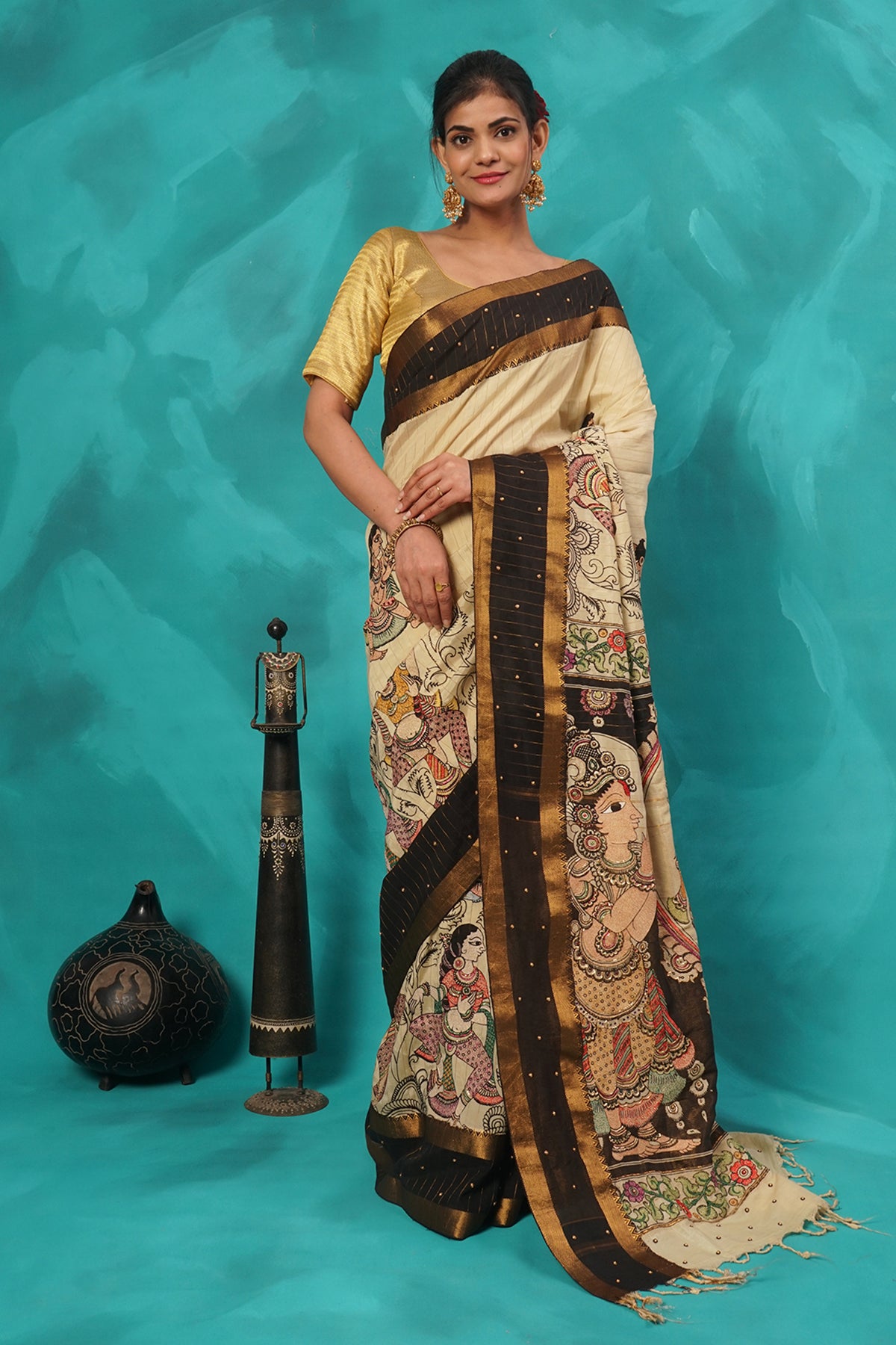 Beige kalamkari and embroidered silk saree
