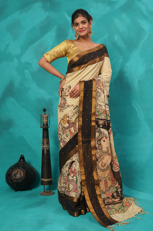 Beige kalamkari and embroidered silk saree