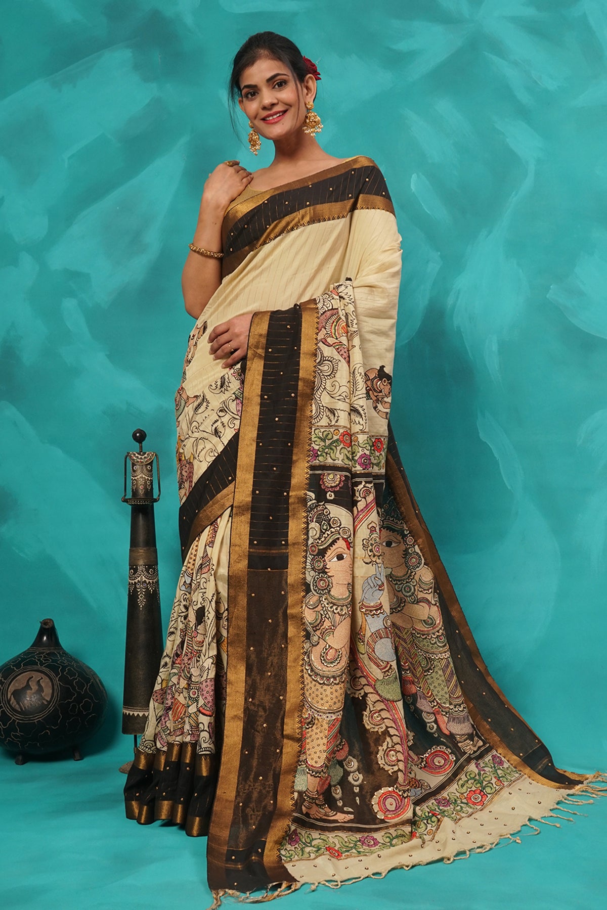 Beige kalamkari and embroidered silk saree