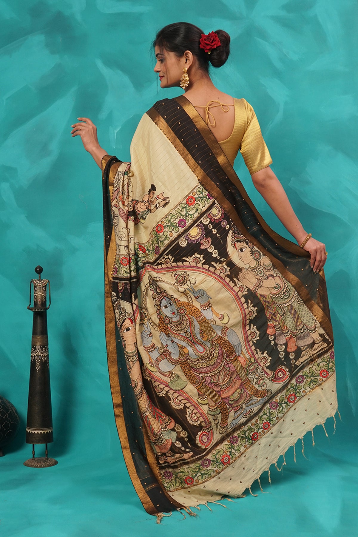 Beige kalamkari and embroidered silk saree