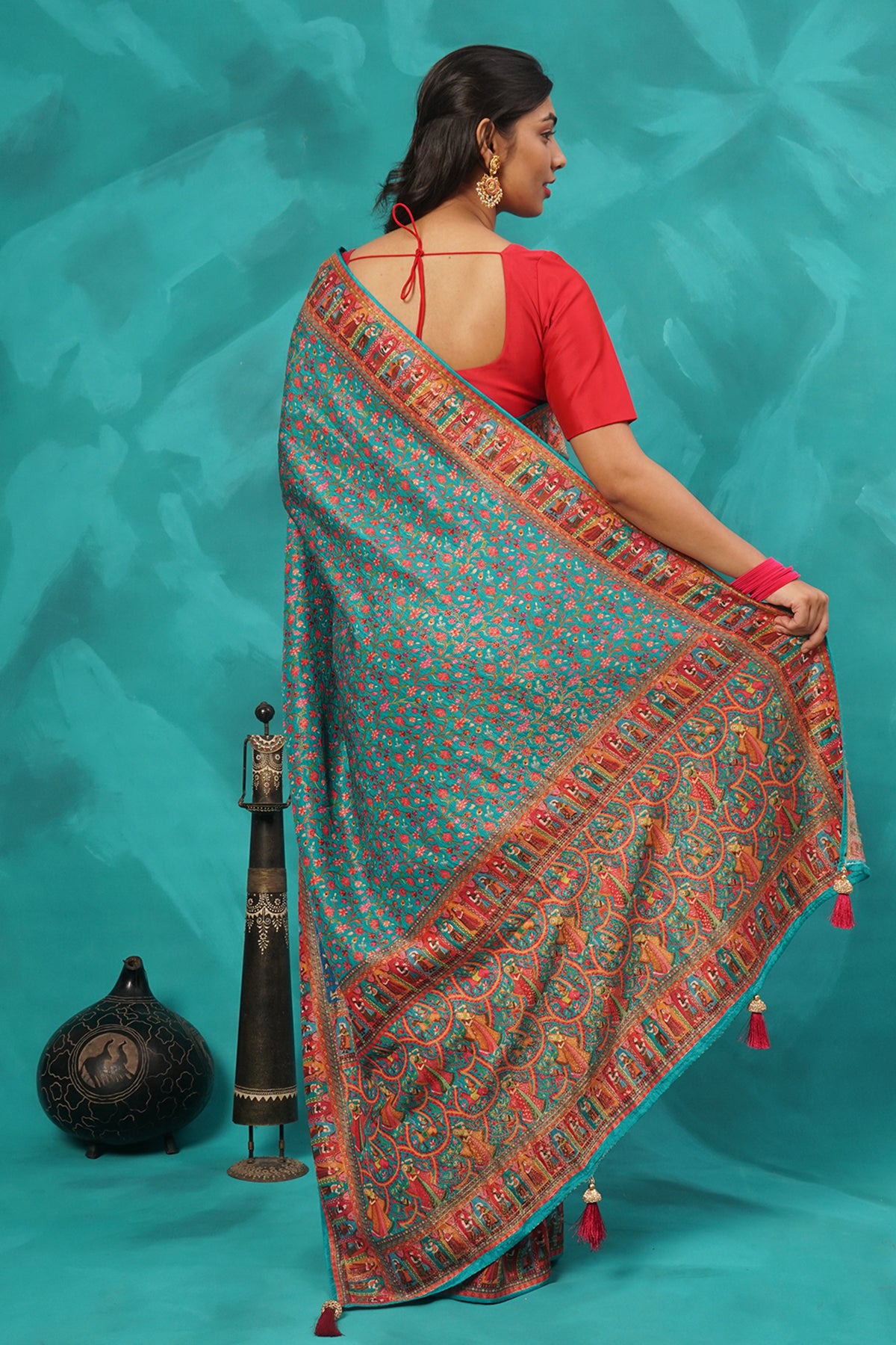 Peacock blue silk viscose saree
