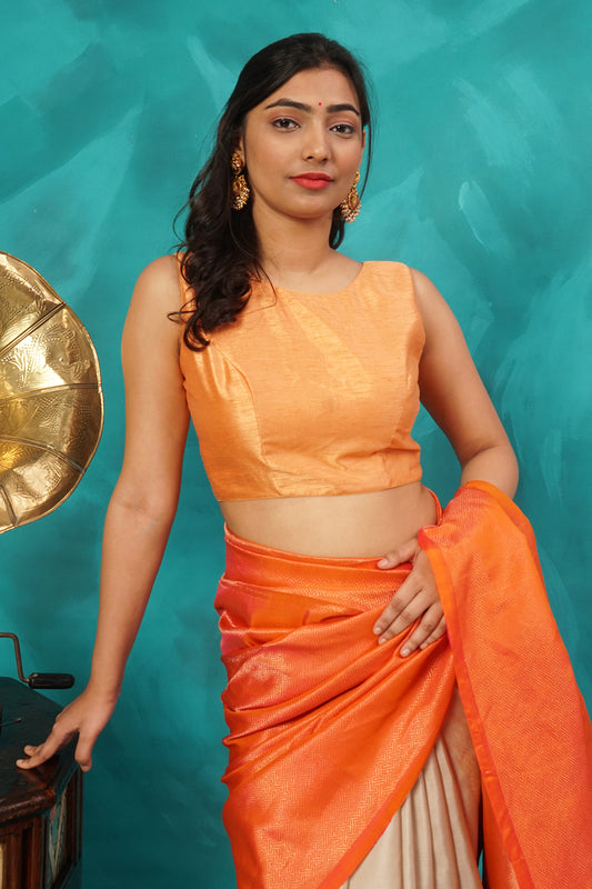 Orange silk-cotton with net blouse
