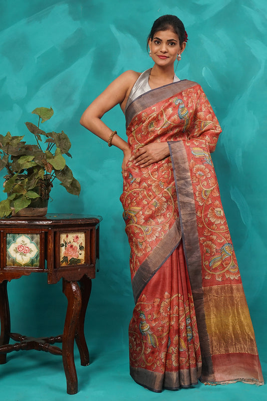 Rust floral kalamkari pure tussar silk saree