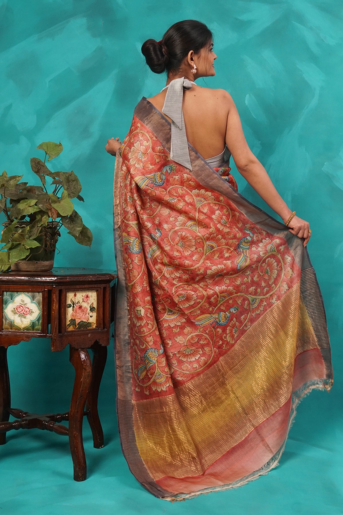 Rust floral kalamkari pure tussar silk saree