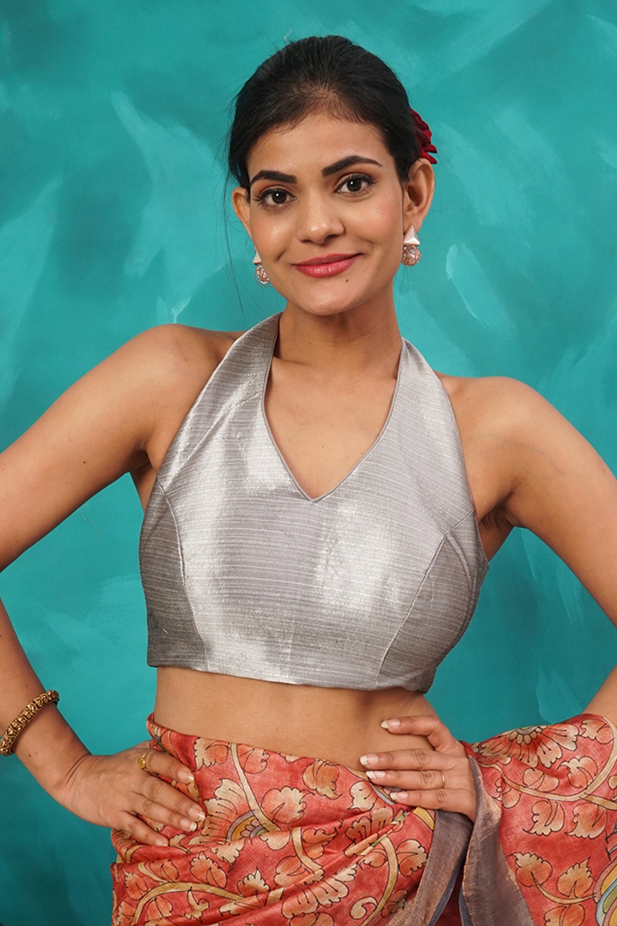 Gray silk-cotton halter-neck blouse