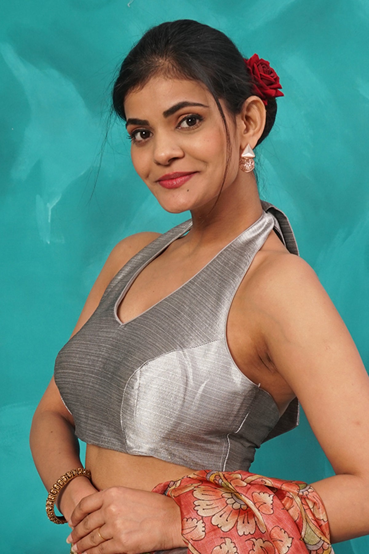 Gray silk-cotton halter-neck blouse