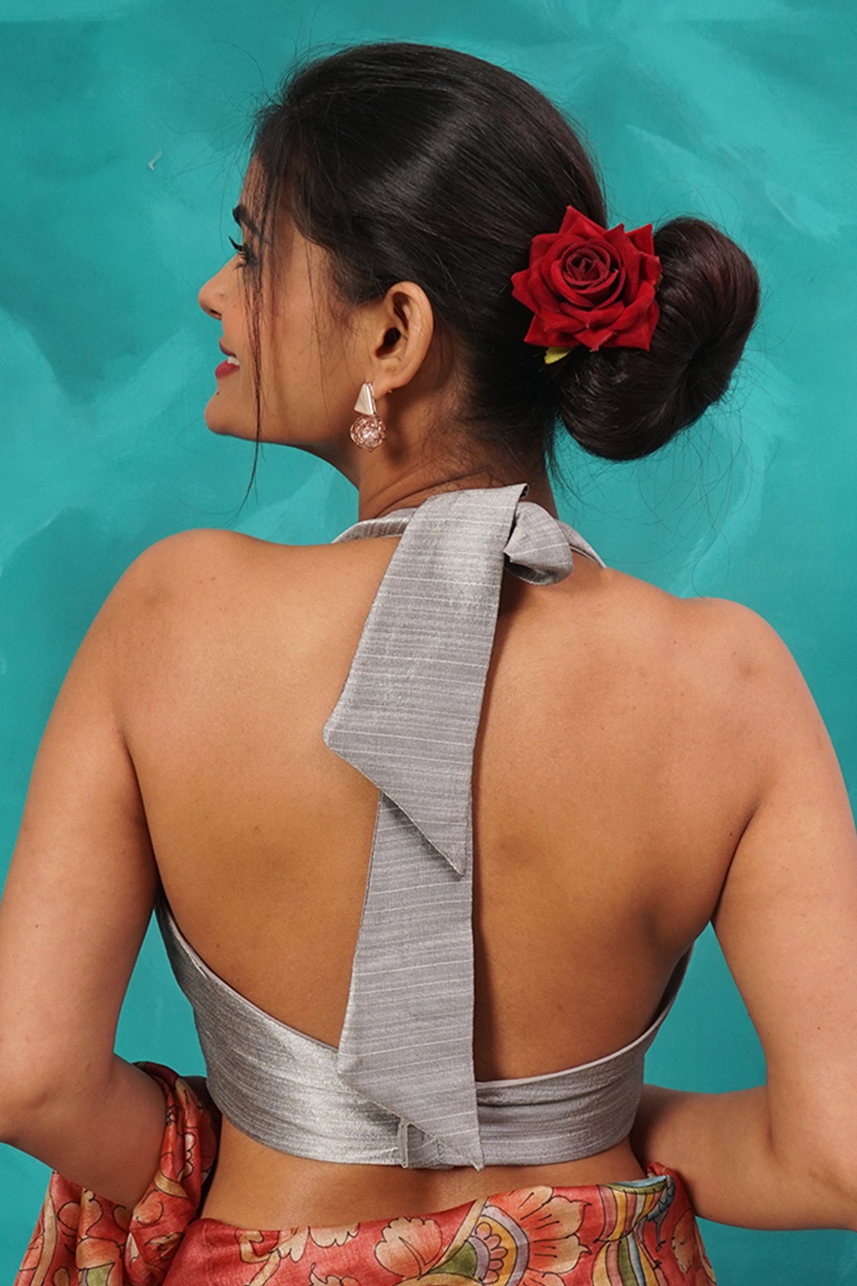 Gray silk-cotton halter-neck blouse