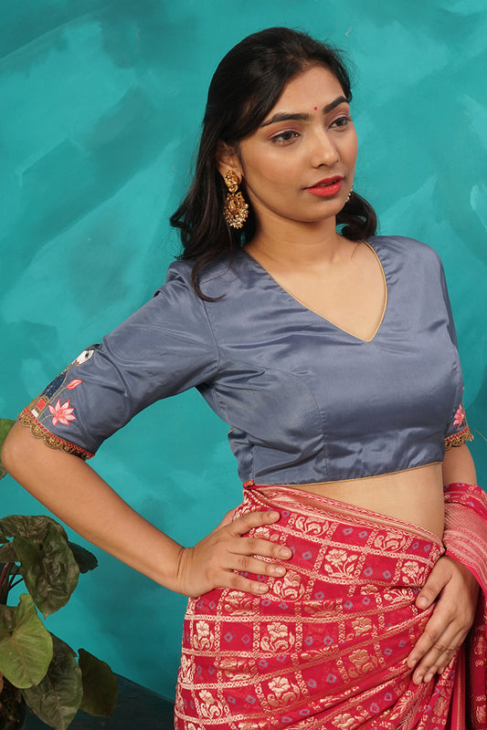 Gray silk cotton hand painted blouse