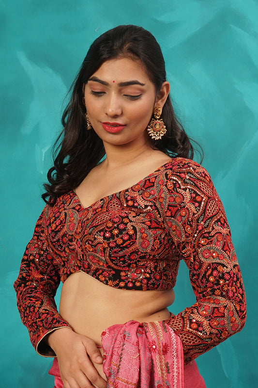 Black with multi coloured treadwork blouse