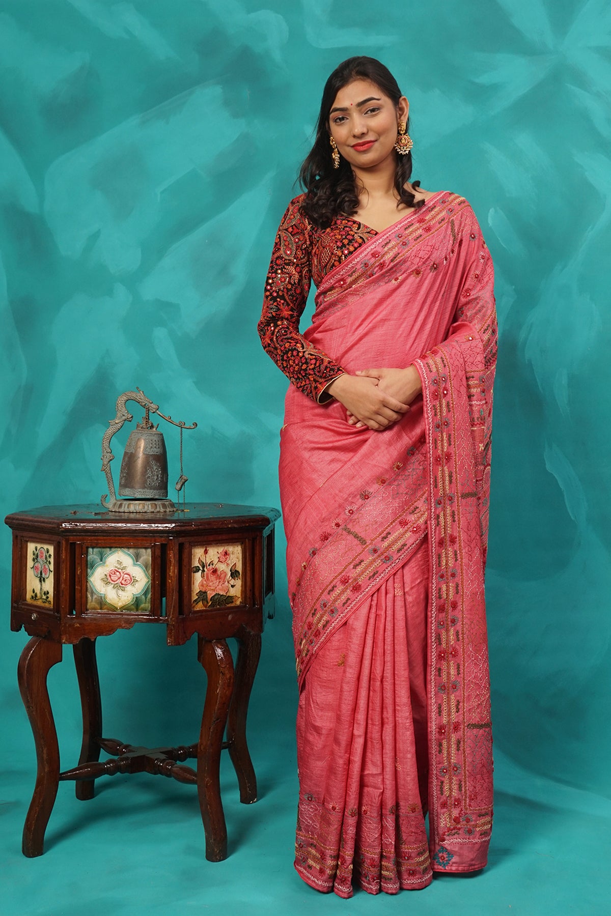 Pink Pure Tussar Silk with hand thread work