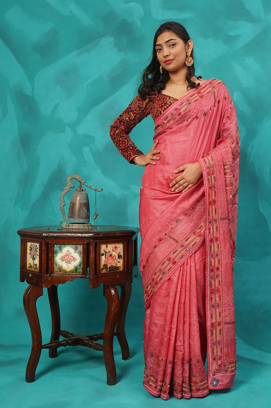 Pink Pure Tussar Silk with hand thread work