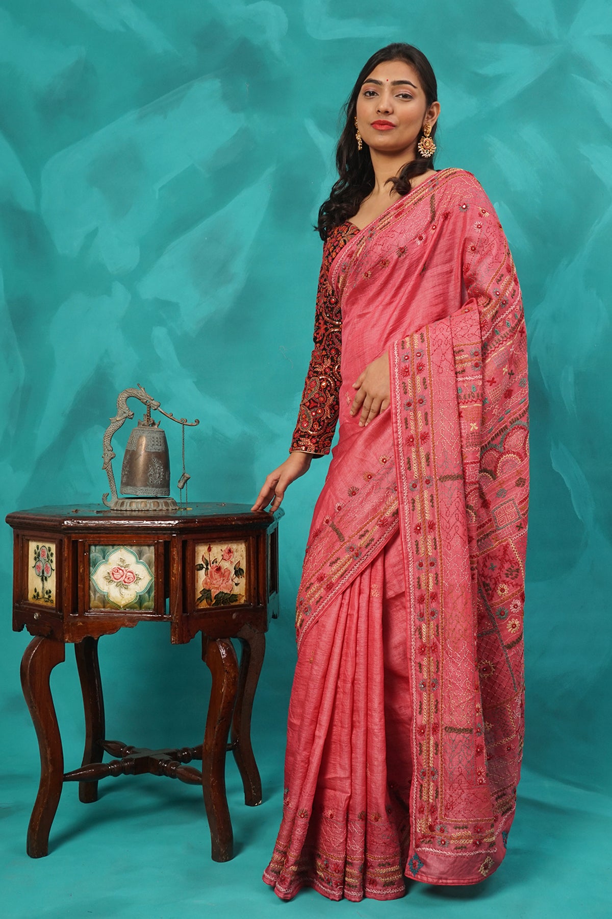 Pink Pure Tussar Silk with hand thread work