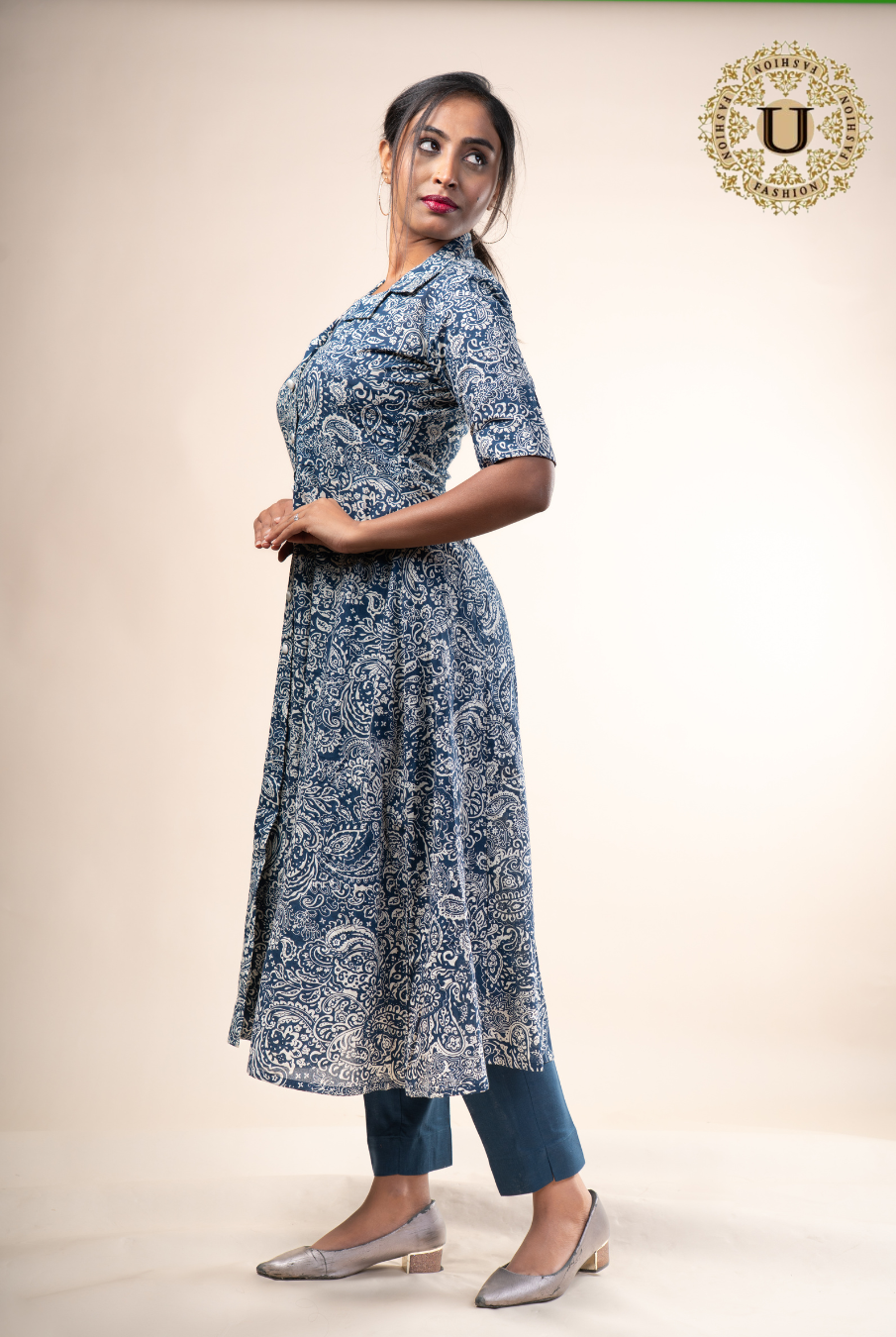BLUE PRINTED SOFT COTTON FLARED LONG KURTI