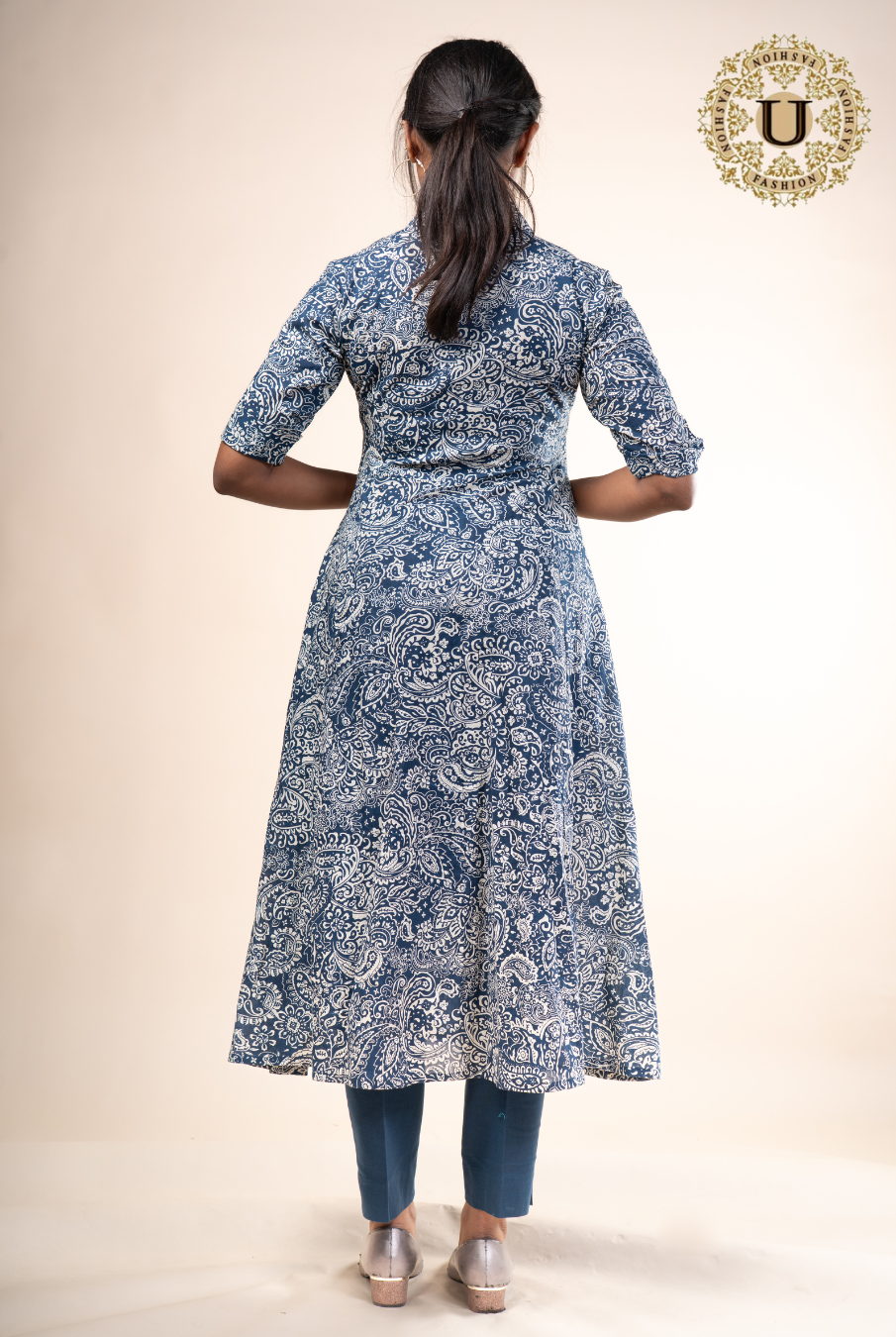 BLUE PRINTED SOFT COTTON FLARED LONG KURTI