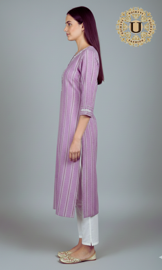 Lavender Cotton Embroidered Long Kurti