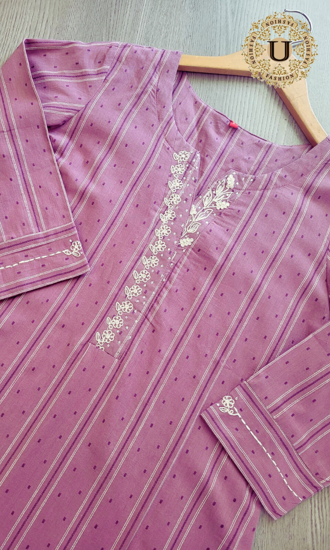 Levender Cotton Dori Embroidered Long Kurti