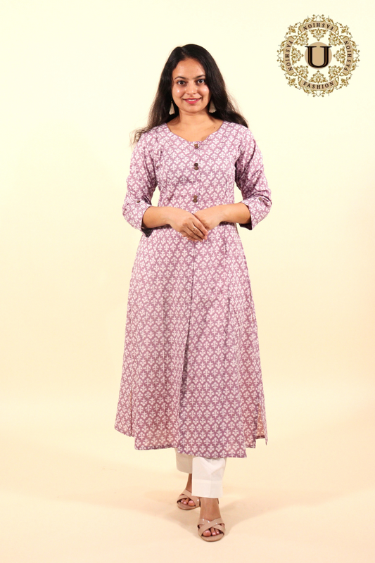 Lavender printed cotton panel-cut long kurti