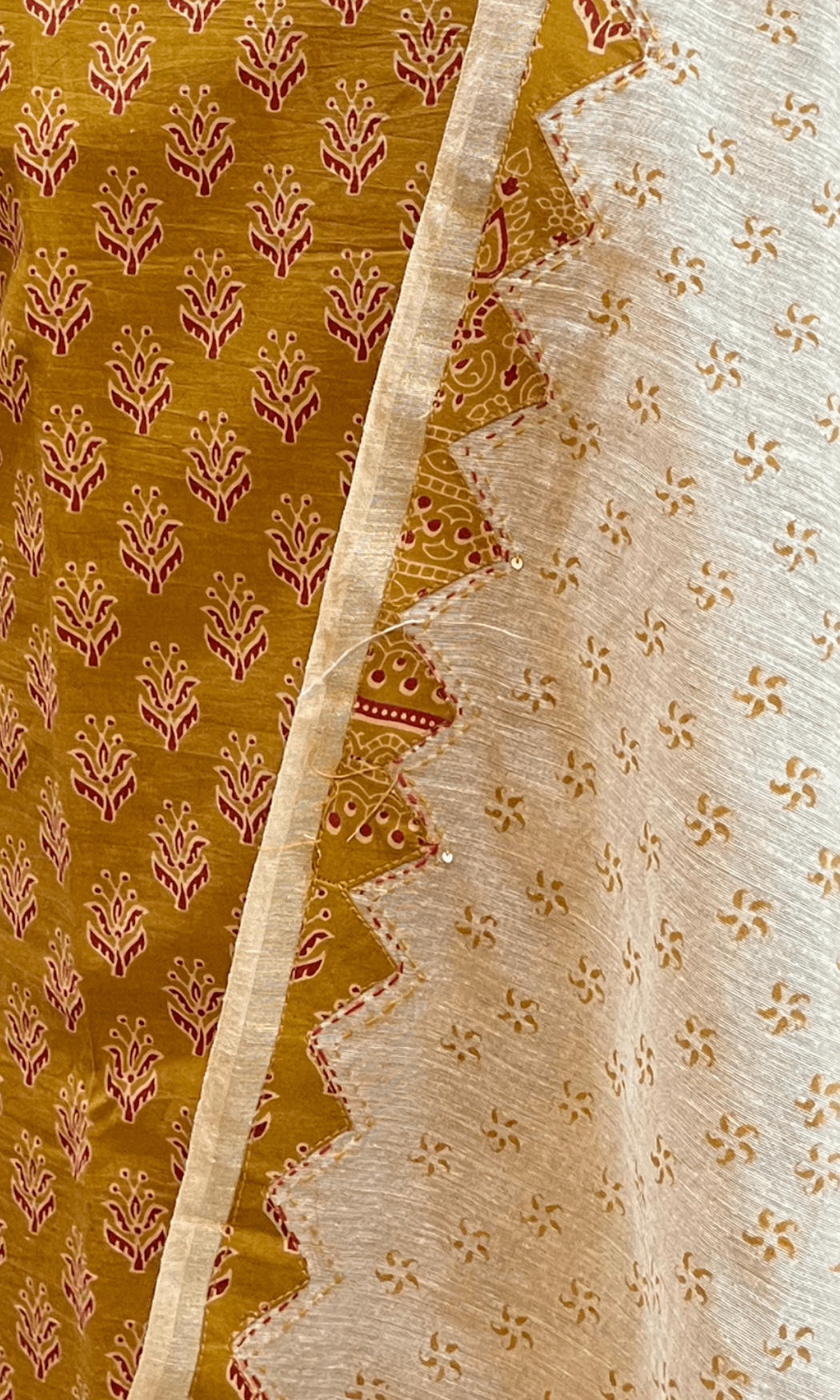 Mustard block printed applique work unstitched suit U fashion