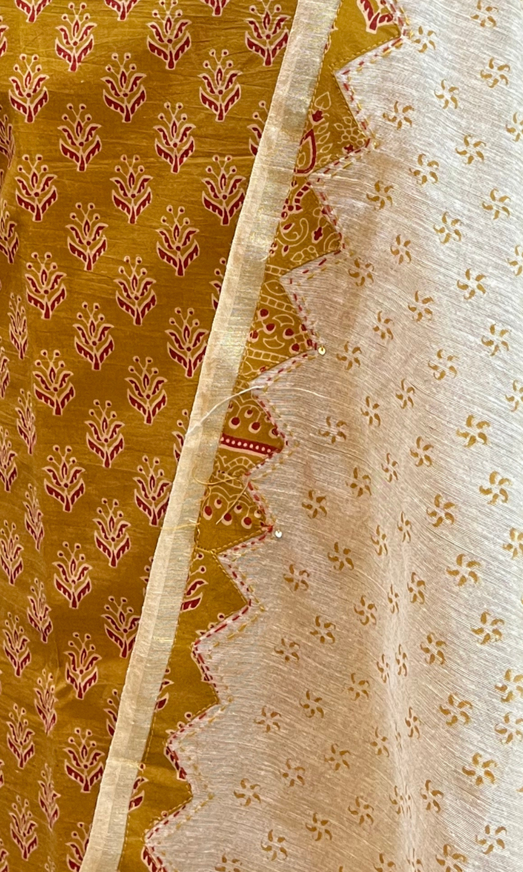 MUSTARD BLOCK PTD APPLIQUE WORK UN-STICHED SUIT.