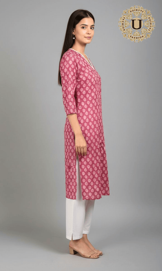 Magenta pink printed cotton long kurti U fashion