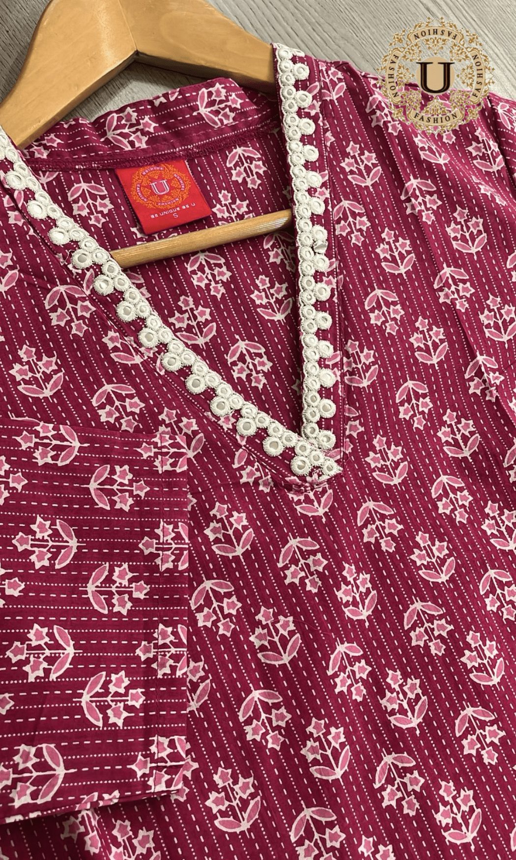 Magenta pink printed cotton long kurti U fashion