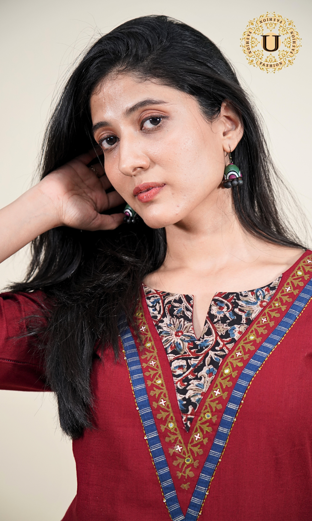 Maroon Cotton Patti Yoke Long Kurti