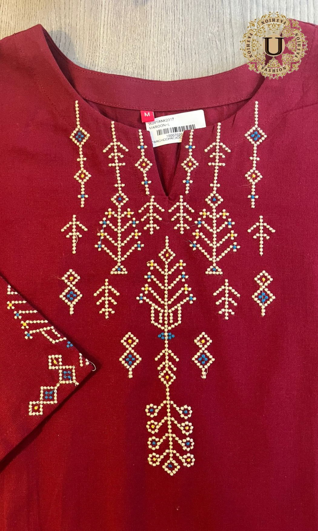 Maroon Cotton Embroidered Yoke Long Kurti