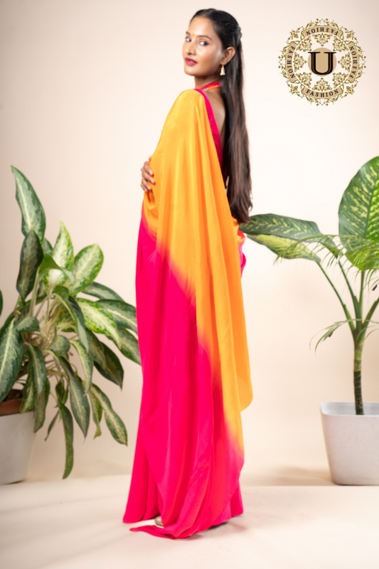 Pink and orange shaded pure crape saree