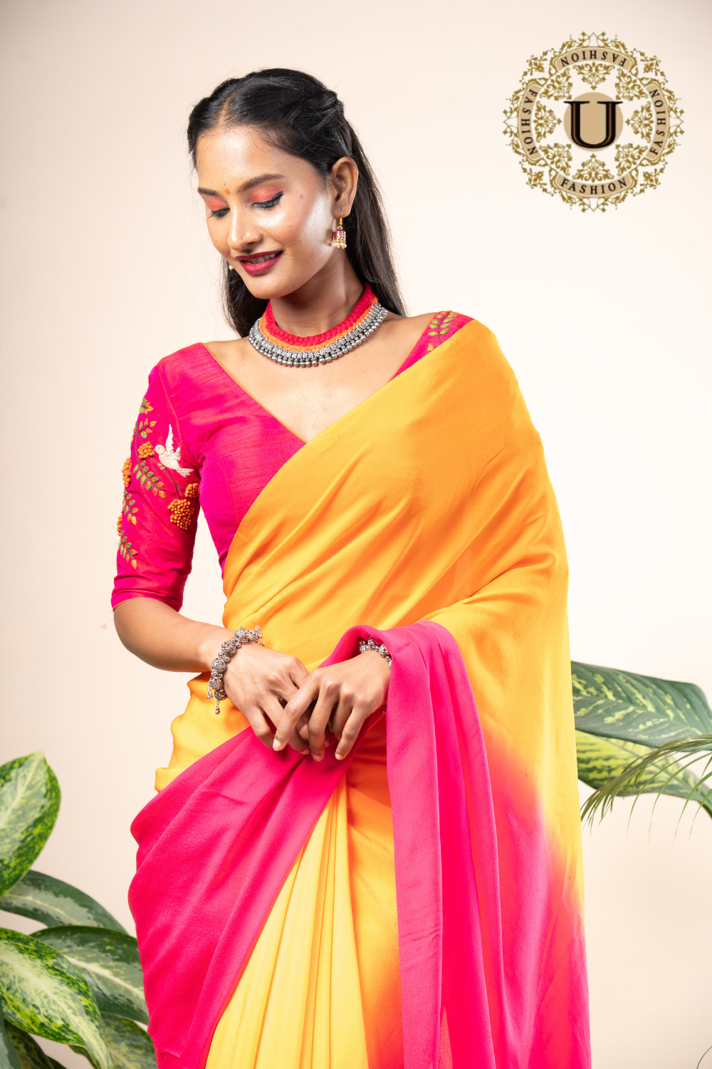 Pink and orange shaded pure crape saree