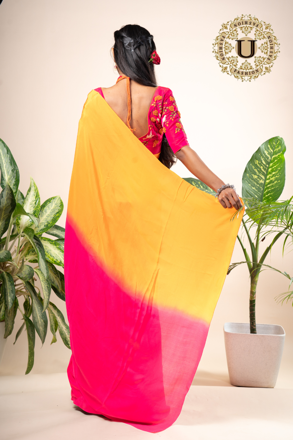 Pink and orange shaded pure crape saree