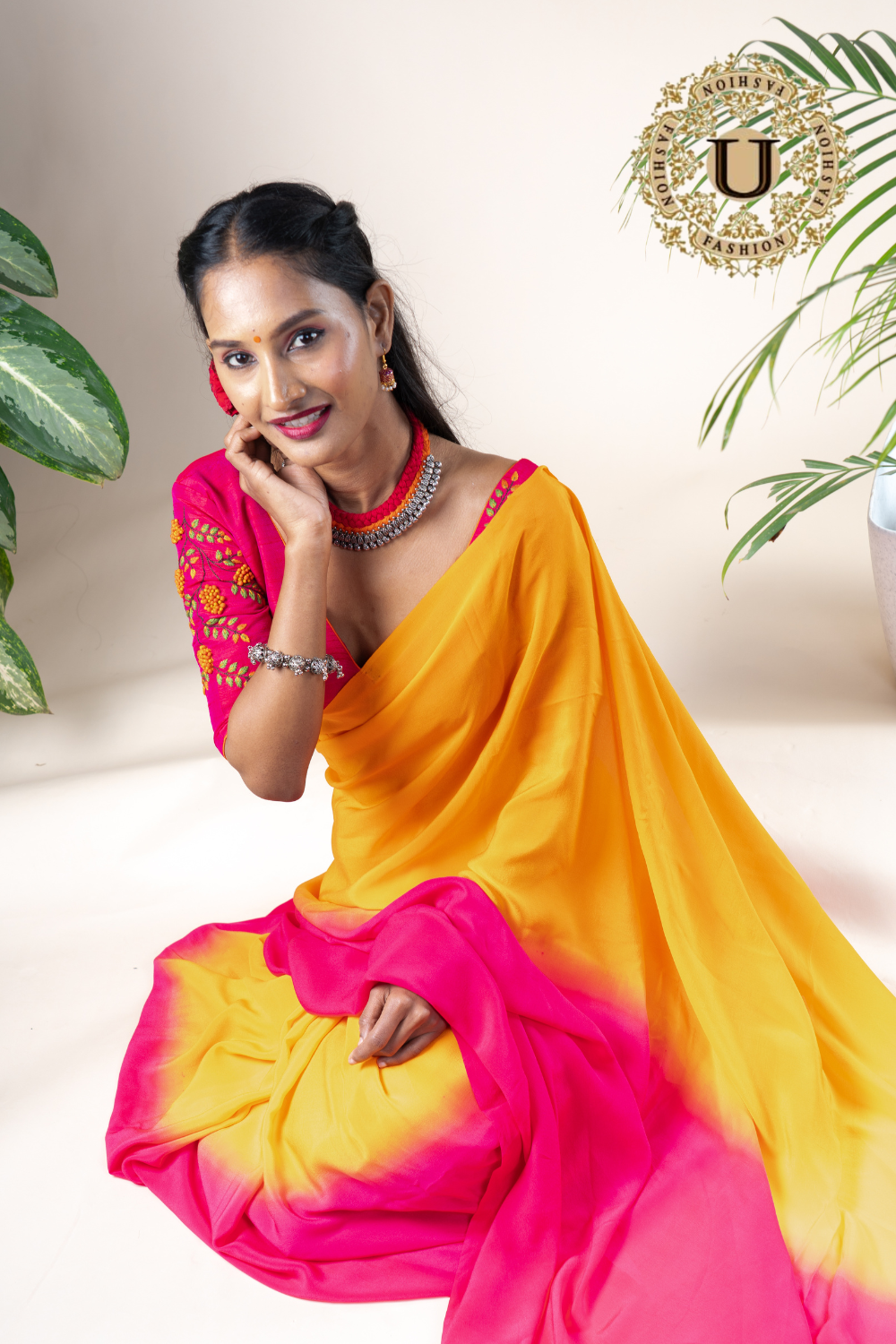 Pink and orange shaded pure crape saree