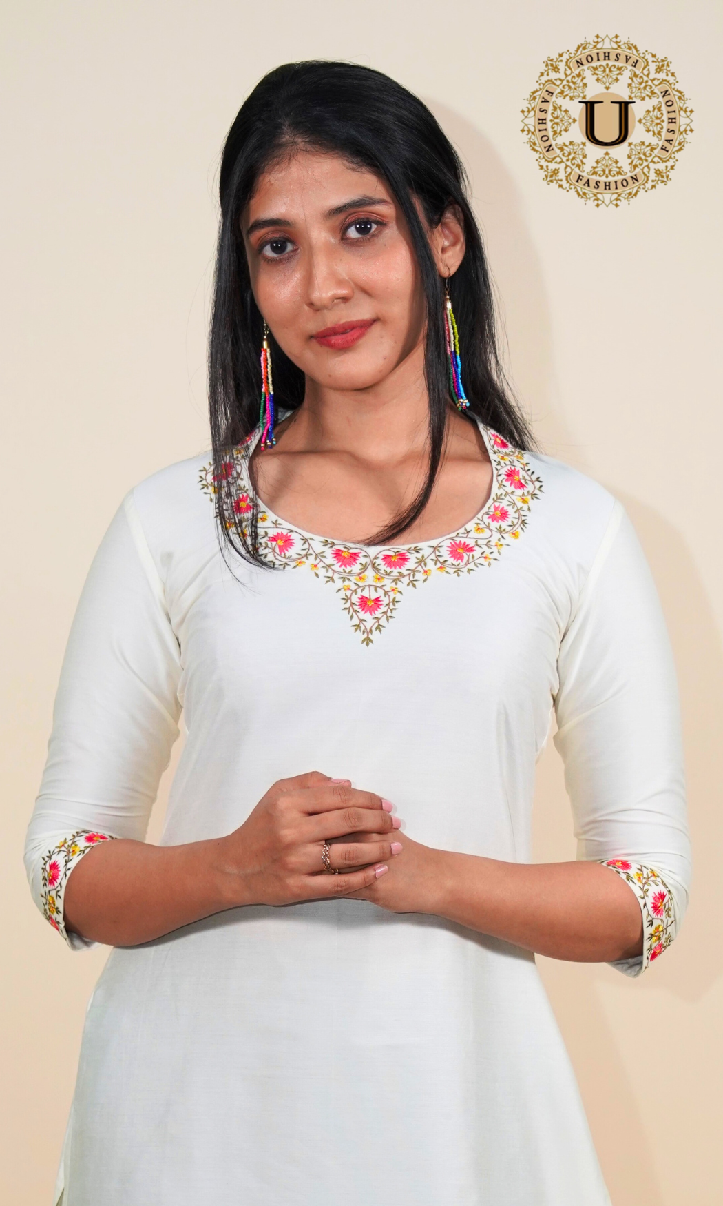 Off-white Spun Floral Embroidery Long Kurti