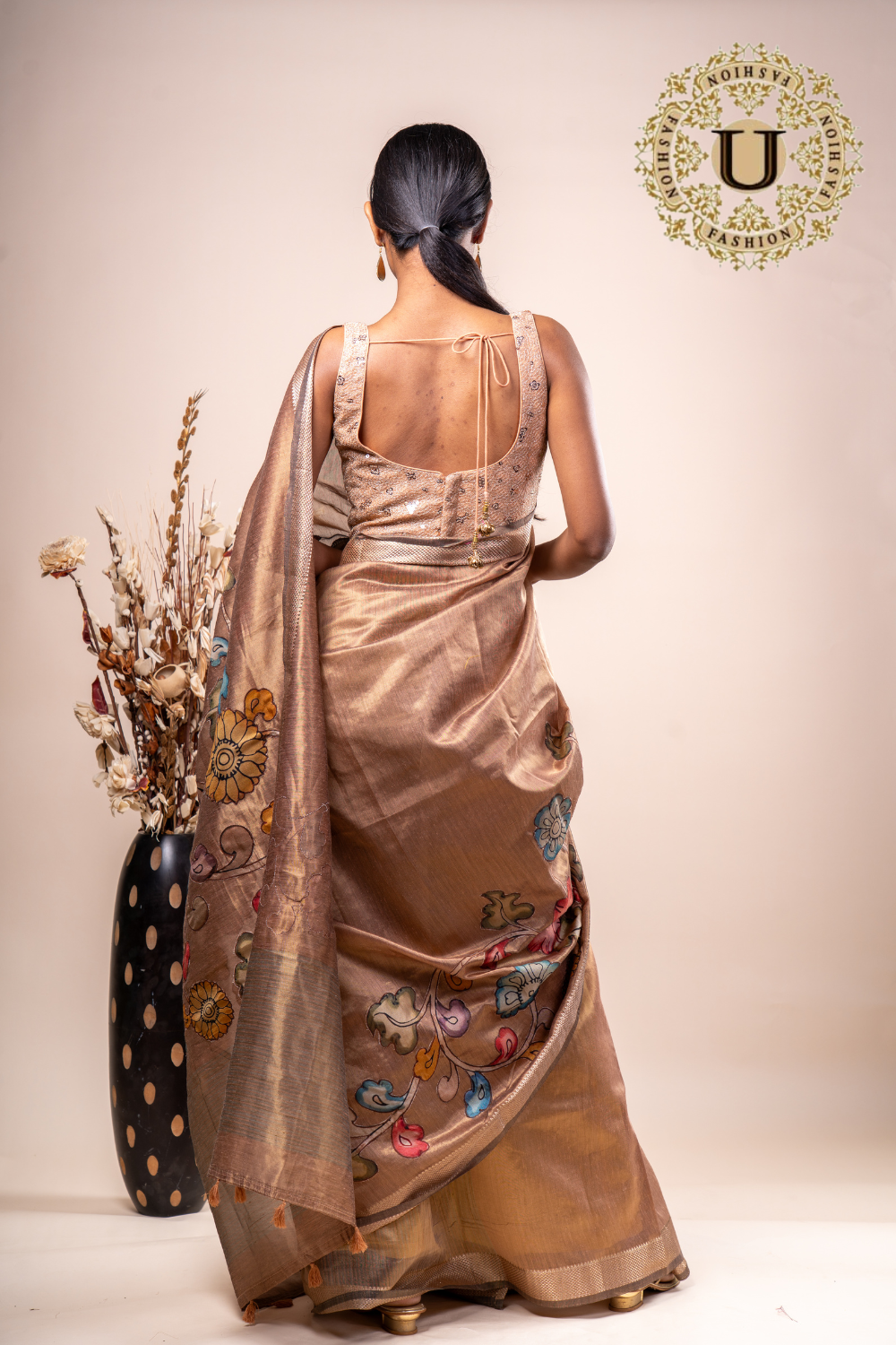 Copper Cotton Silk Kalamkari Applique Saree