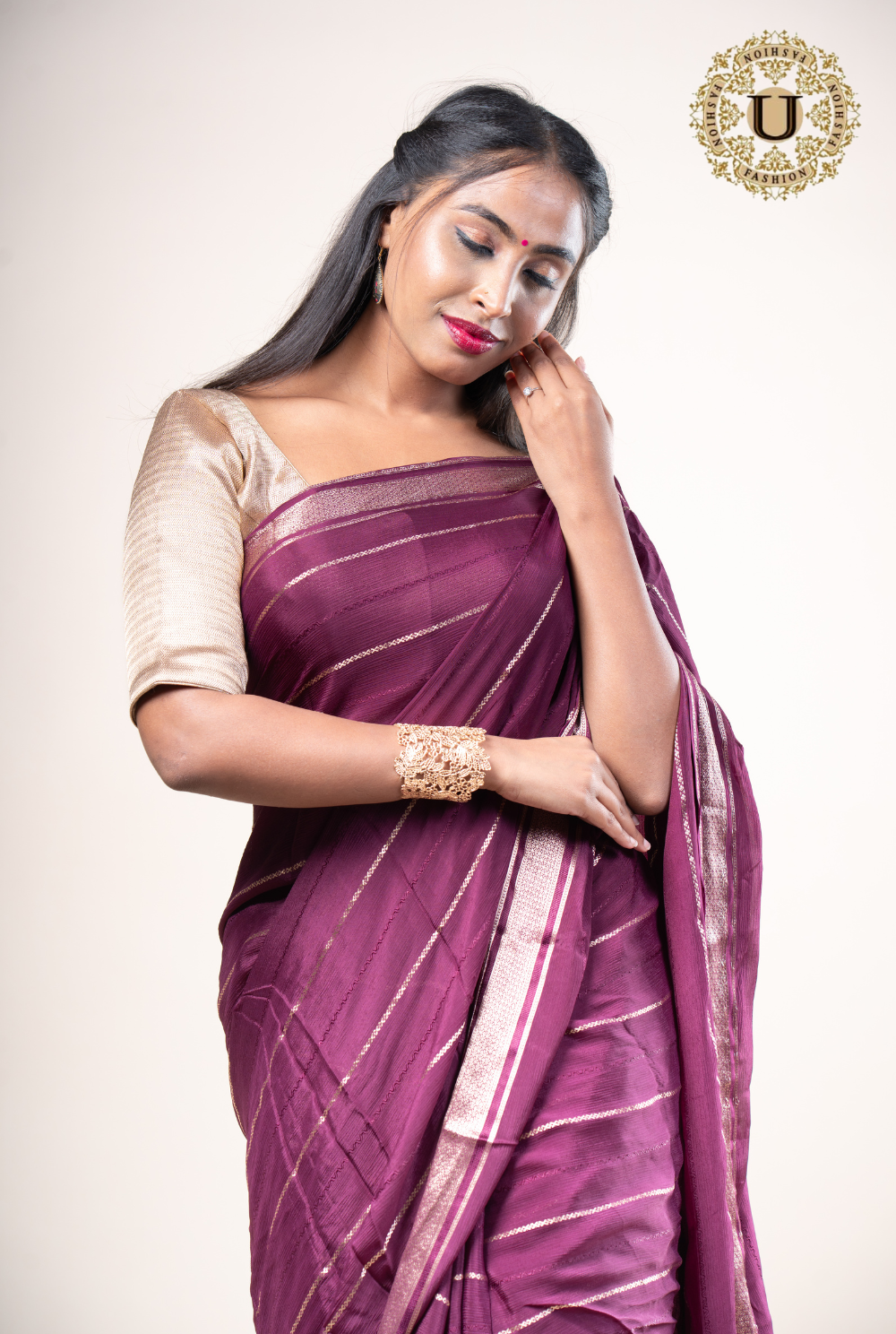 Violet Chinoy Crape Zari line saree