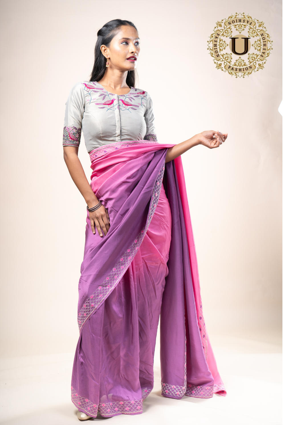 Mauve shaded Pure Crape saree With Embroidery Blouse