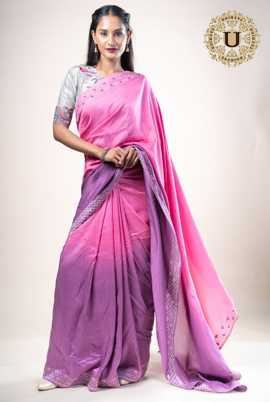 Mauve shaded Pure Crape saree With Embroidery Blouse