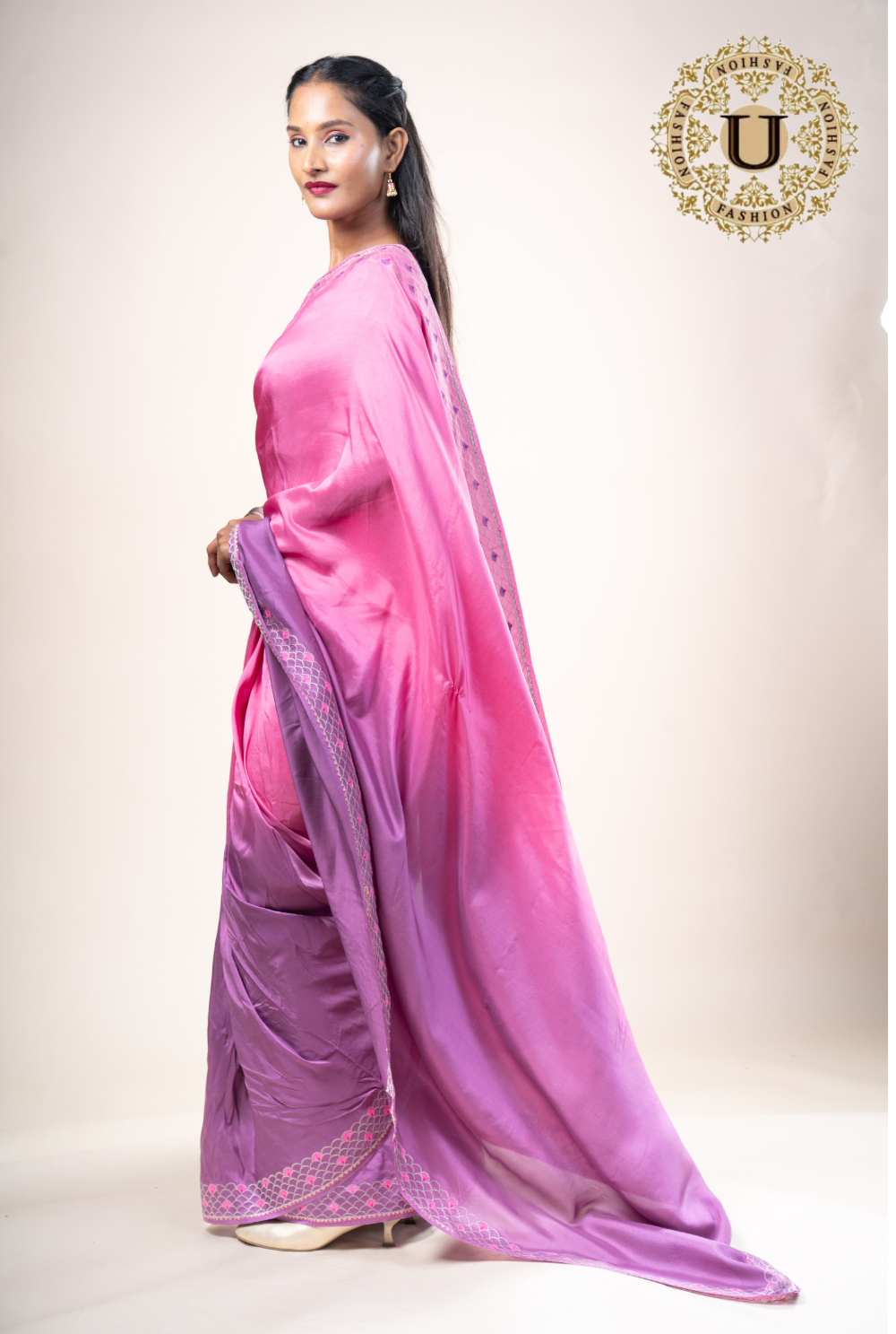 Mauve shaded Pure Crape saree With Embroidery Blouse