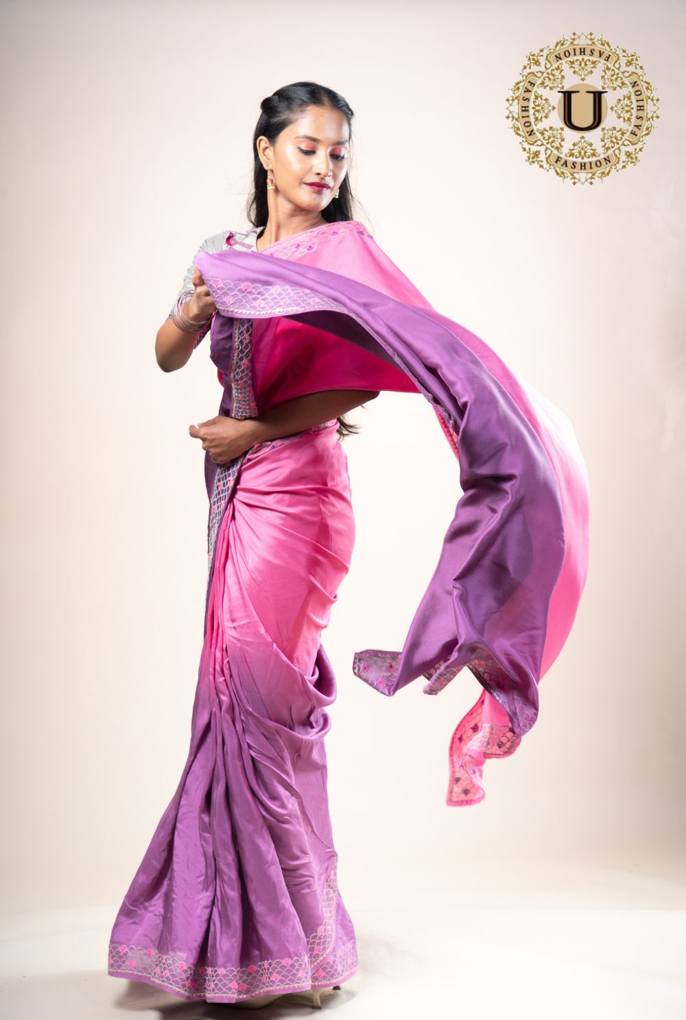 Mauve shaded Pure Crape saree With Embroidery Blouse