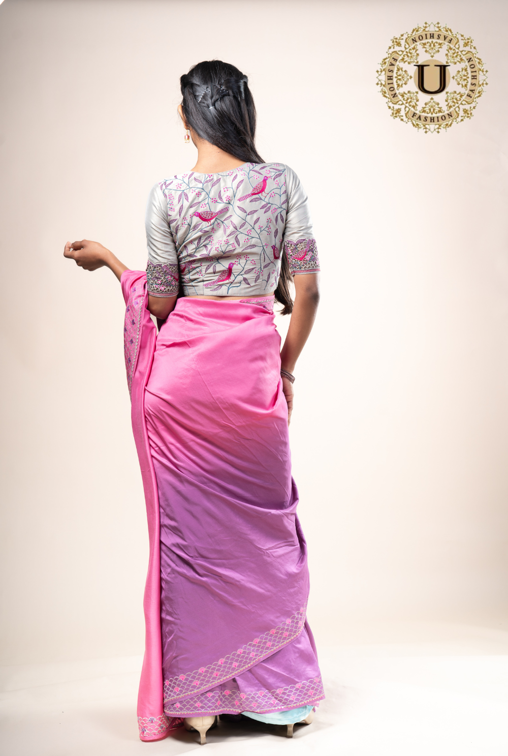 Mauve shaded Pure Crape saree With Embroidery Blouse