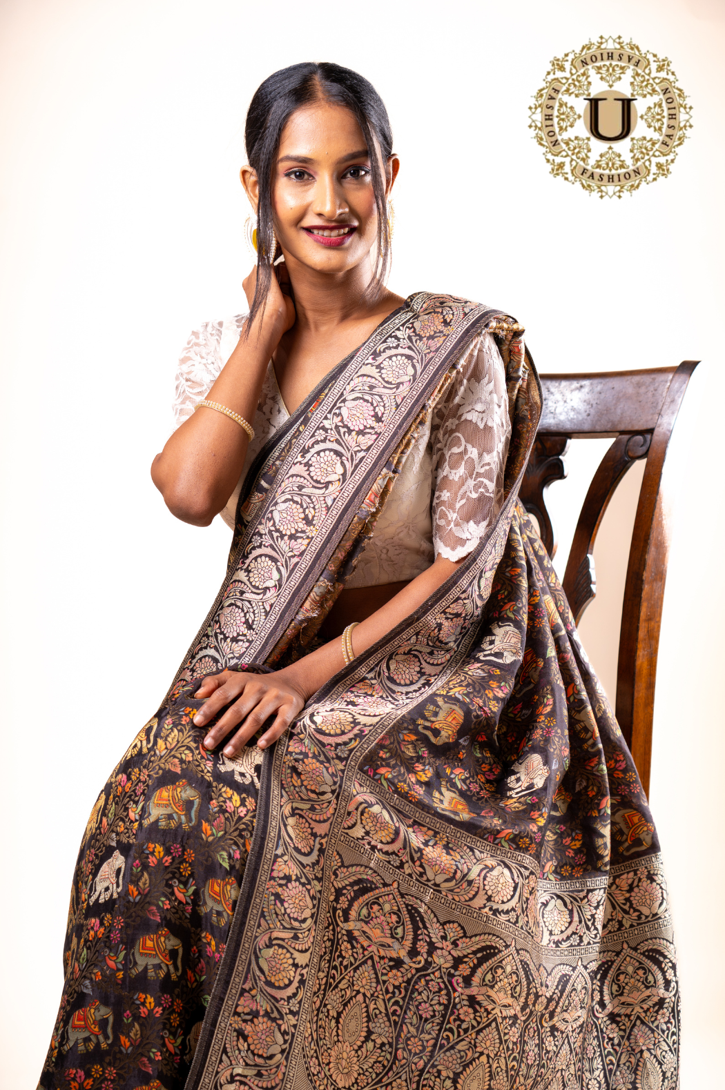 Black Elephant Motif Sanchi Silk Saree