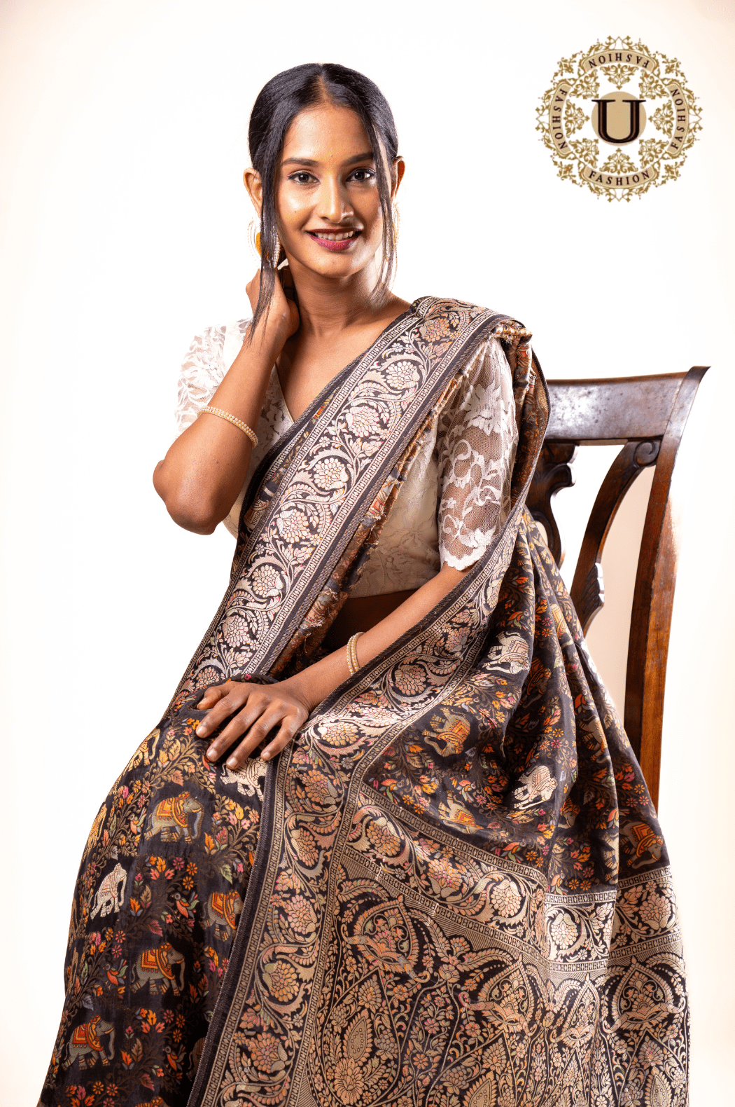 Black Elephant Motif Sanchi Silk Saree U fashion